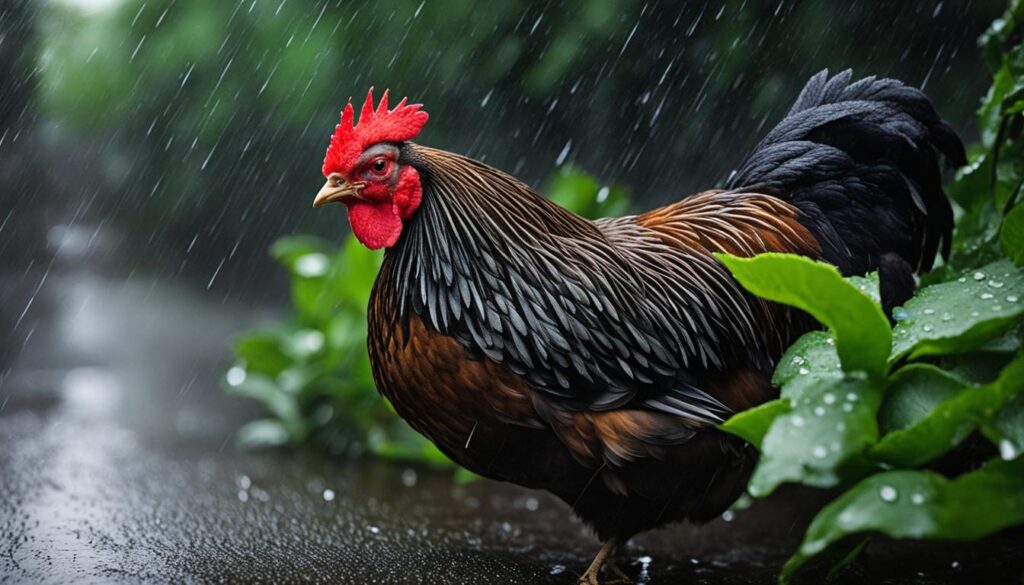 Chicken seeking shelter during rain