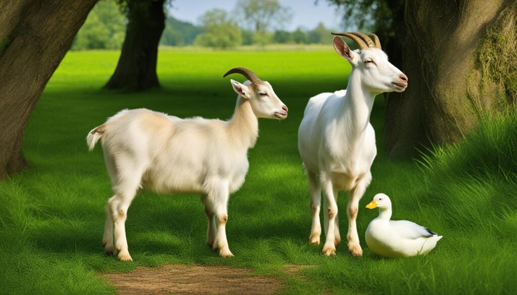 Harmonious goat and duck companionship on a farm Harmonious goat and duck companionship on a farm